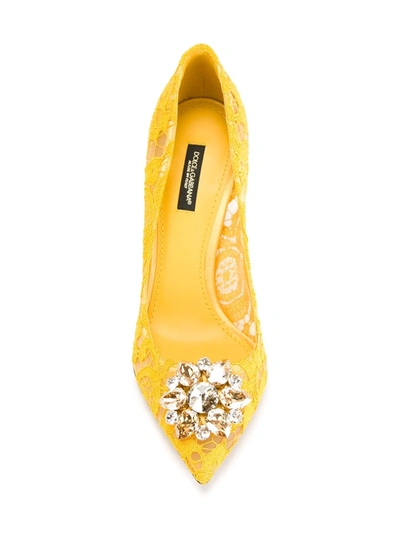 Shop Dolce & Gabbana Rainbow Lace 90mm Brooch-detail Pumps In Yellow