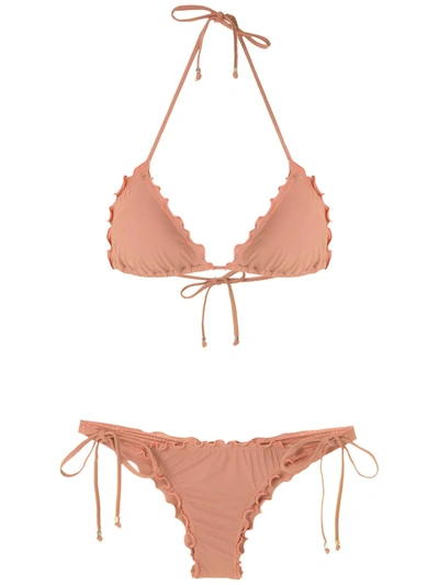 Shop Amir Slama Ruffled Triangle Bikini Set In Neutrals