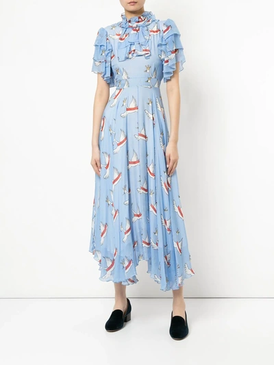 Macgraw Swan Print Dress In Blue