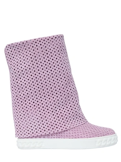 Casadei 90mm Perforated Suede Wedge Boots, Light Pink