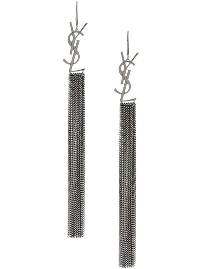 Shop Saint Laurent Monogram Chain Tassel Earrings In Metallic