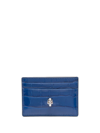 Shop Alexander Mcqueen Crocodile-embossed Logo Leather Cardholder In Blue
