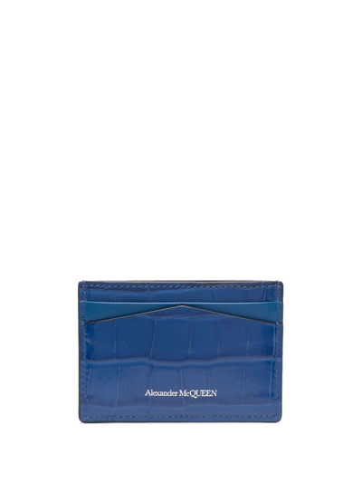 Shop Alexander Mcqueen Crocodile-embossed Logo Leather Cardholder In Blue
