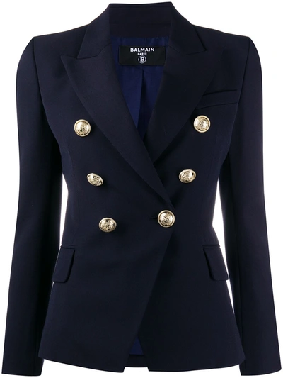 Shop Balmain Double-breasted Fitted Blazer In Blue