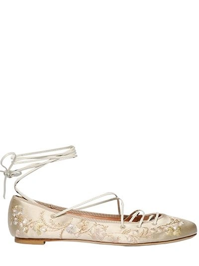 Etro Embroidered Satin Lace-up Ballerinas, Ivory