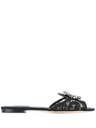 Shop Dolce & Gabbana Embellished Lace Flat Sandals In Black