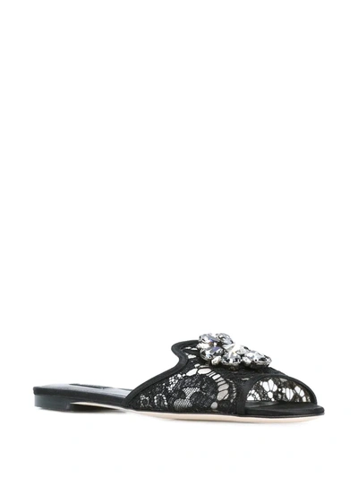 Shop Dolce & Gabbana Embellished Lace Flat Sandals In Black