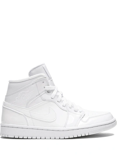Shop Jordan Air  1 Mid "triple White Patent Leather" Sneakers