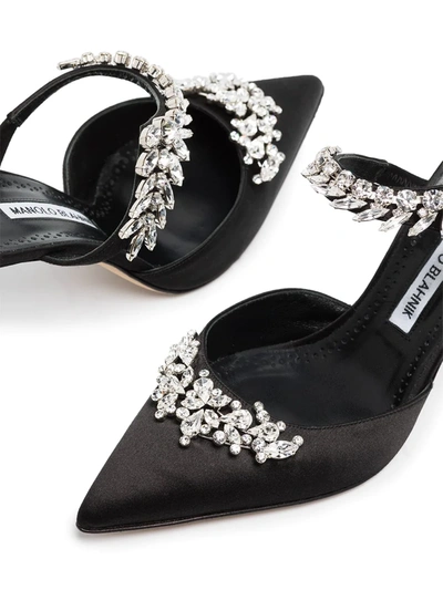 Shop Manolo Blahnik Lurum 90mm Crystal- Embellished Satin Mules In Black