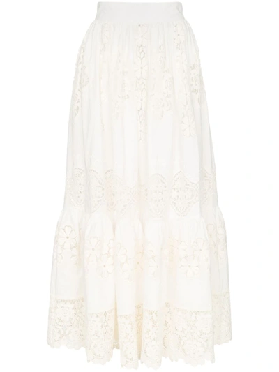 Shop Dolce & Gabbana Tiered Lace Detail High Waisted Midi Skirt In White