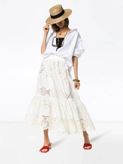 Shop Dolce & Gabbana Tiered Lace Detail High Waisted Midi Skirt In White