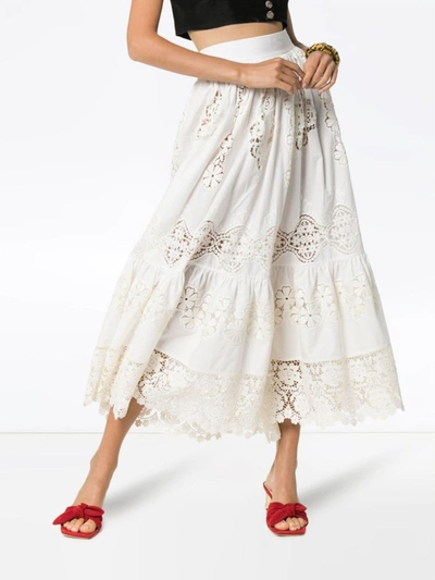 Shop Dolce & Gabbana Tiered Lace Detail High Waisted Midi Skirt In White