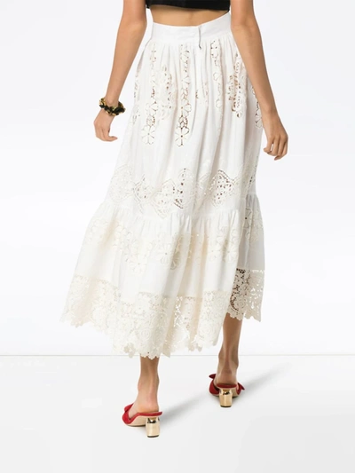 Shop Dolce & Gabbana Tiered Lace Detail High Waisted Midi Skirt In White