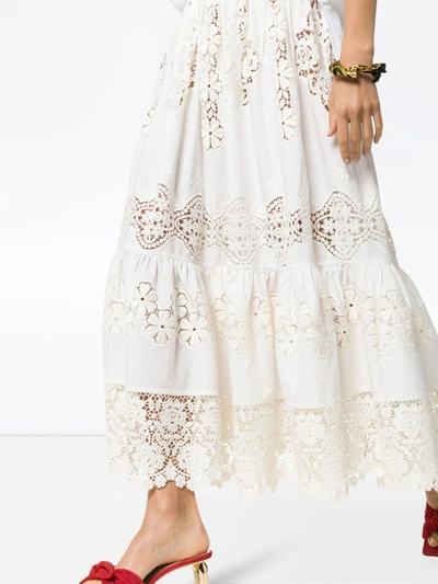 Shop Dolce & Gabbana Tiered Lace Detail High Waisted Midi Skirt In White