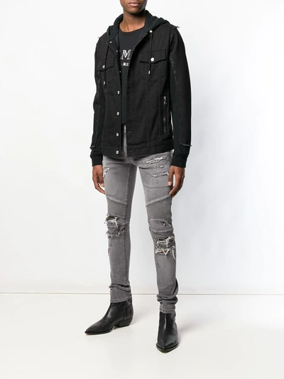 Shop Balmain Hooded Denim Jacket In Black