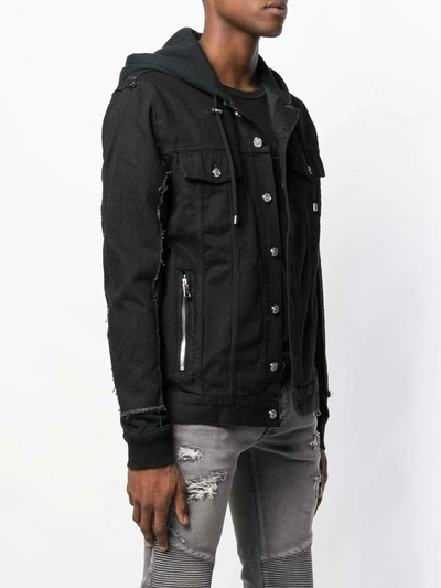 Shop Balmain Hooded Denim Jacket In Black