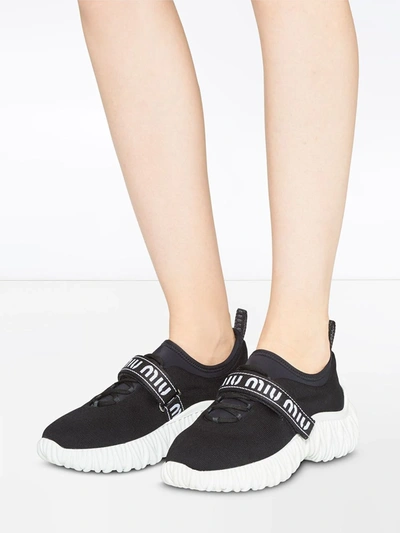 Shop Miu Miu Stretch Knit Sneakers In Black