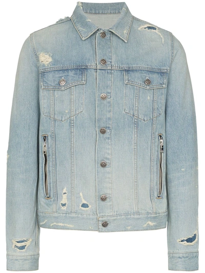 Shop Balmain Logo Embossed Denim Jacket In Blue