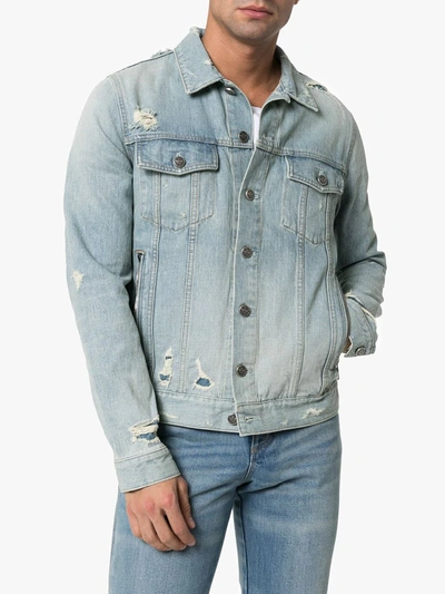 Shop Balmain Logo Embossed Denim Jacket In Blue