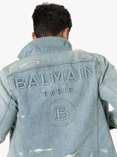 Shop Balmain Logo Embossed Denim Jacket In Blue