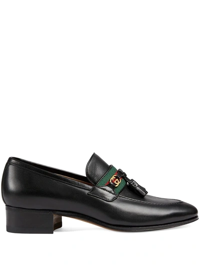 Shop Gucci Web Detailed Gg Motif Loafers In Black