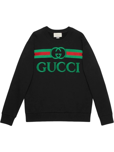 Shop Gucci Embroidered Logo Sweatshirt In Black ,green