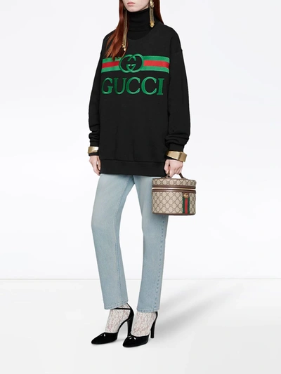 Shop Gucci Embroidered Logo Sweatshirt In Black ,green