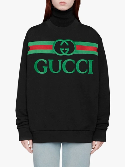 Shop Gucci Embroidered Logo Sweatshirt In Black ,green