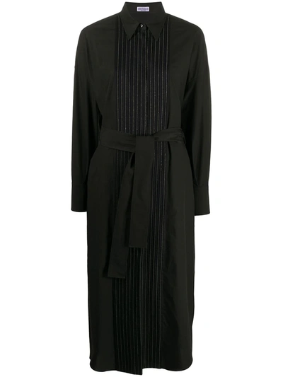 Shop Brunello Cucinelli Pleated Bib Belted Shirt Dress In Black