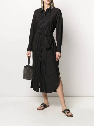 Shop Brunello Cucinelli Pleated Bib Belted Shirt Dress In Black