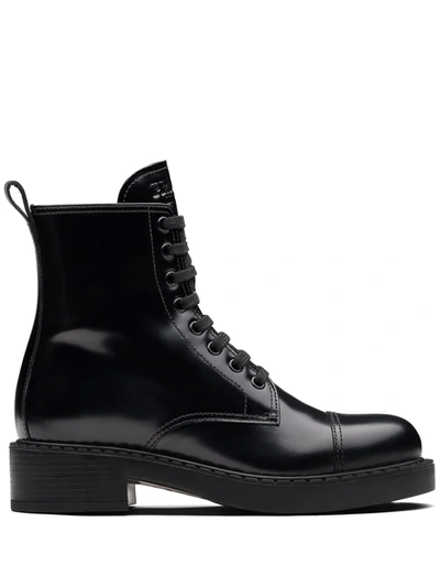 Shop Prada Block Heel Combat Boots In Black