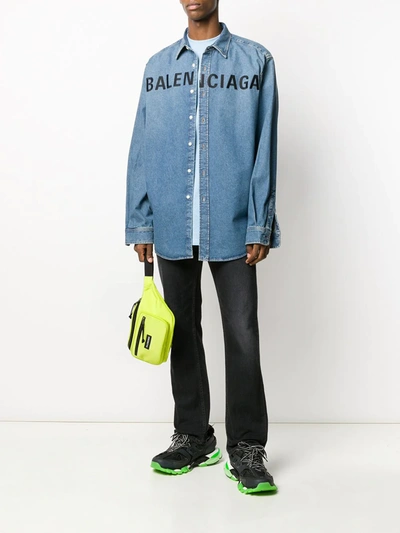 Shop Balenciaga Embroidered Logo Denim Shirt In Blue