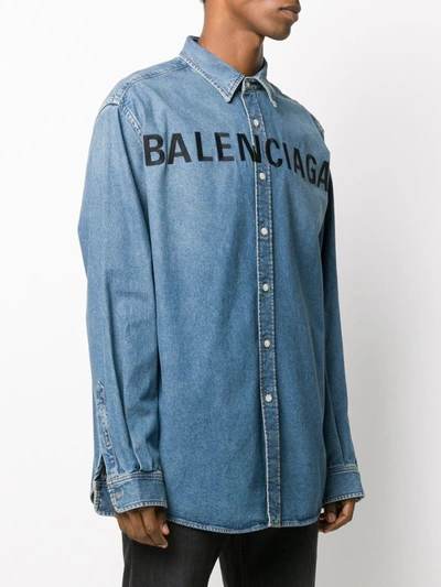 Shop Balenciaga Embroidered Logo Denim Shirt In Blue