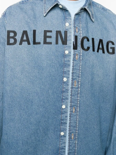 Shop Balenciaga Embroidered Logo Denim Shirt In Blue