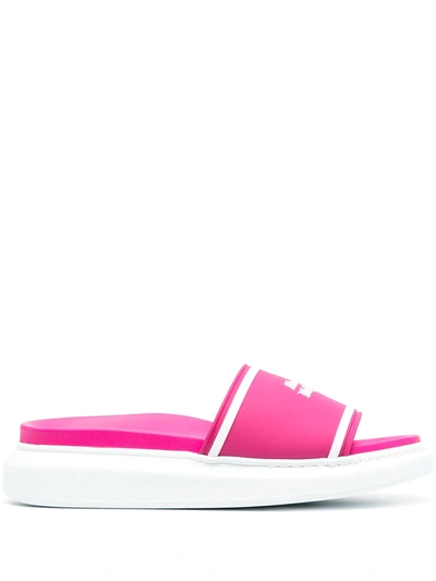 Shop Alexander Mcqueen Logo-print Platform Slides In Pink