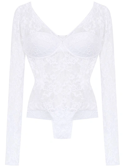 Shop Amir Slama Long Sleeved Lace Bodysuit In White