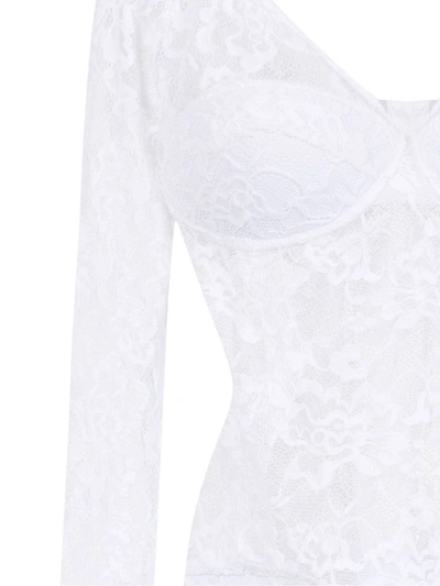 Shop Amir Slama Long Sleeved Lace Bodysuit In White