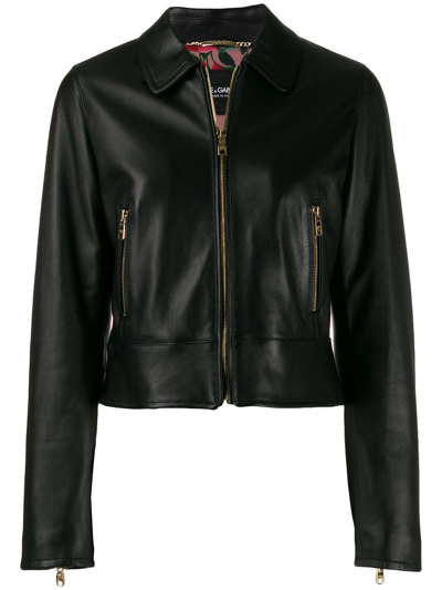 Shop Dolce & Gabbana Cropped Lambskin Leather Jacket In Black