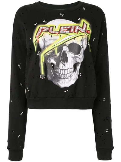 Shop Philipp Plein Skull Print Distressed Effect Sweatshirt In Black