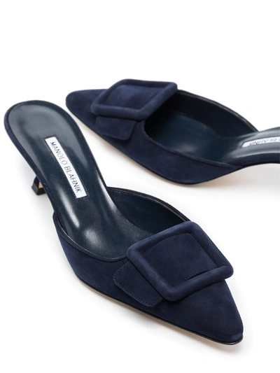Manolo Blahnik Kitten Heel Mules In Navy Blue Suede In Blue