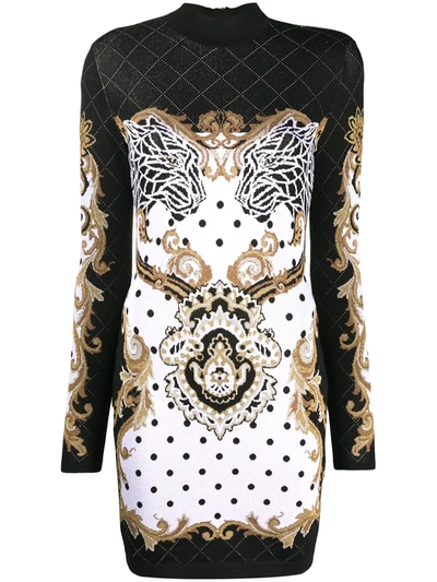 Shop Balmain Graphic-print Structured-shoulders Mini Dress In Black
