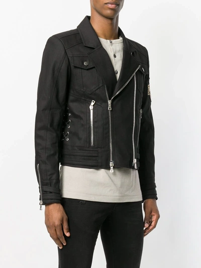 Shop Balmain Logo Patch Biker Jacket In Black