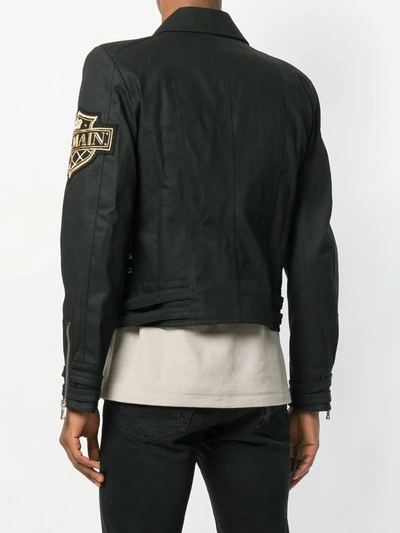 Shop Balmain Logo Patch Biker Jacket In Black