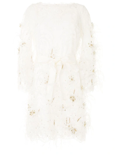 Shop Marchesa Feather Embellished Lace Dress In White