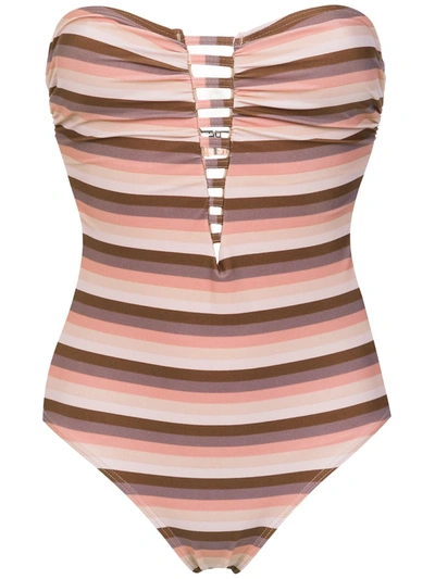 Shop Amir Slama Striped Swimsuit In Brown