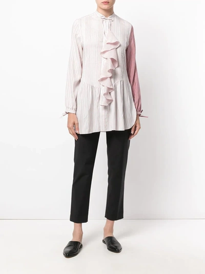 Jw Anderson Ruffled-front Striped Silk-charmeuse Tunic Top In Pink