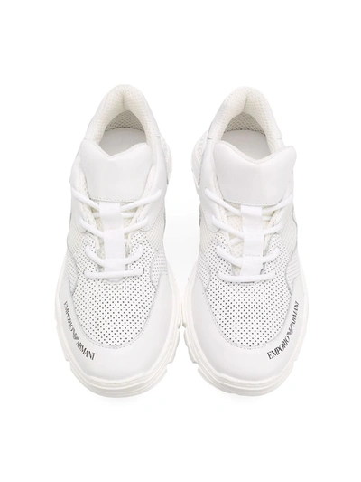 Shop Emporio Armani Teen Perforated Logo Sneakers In White
