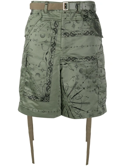 Sacai Cosmic Print Cargo Shorts In Green