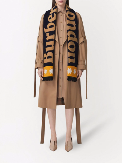 Shop Burberry Logo-jacquard Fringed Scarf In Blue