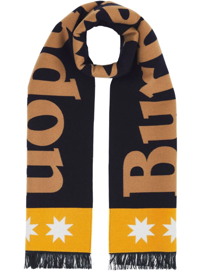 Shop Burberry Logo-jacquard Fringed Scarf In Blue